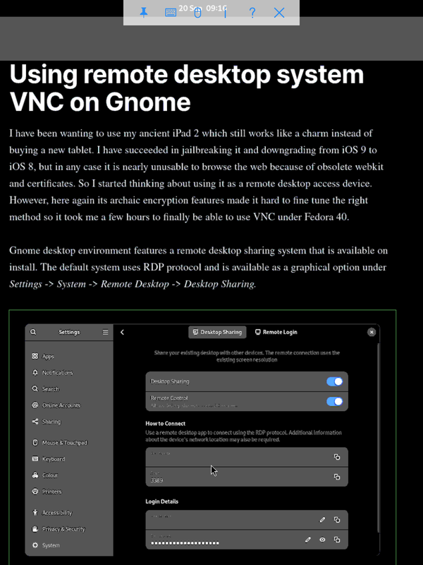 Using remote desktop system VNC on Gnome